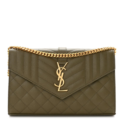 Saint Laurent Grain De Poudre Mixed Matelasse Triquilt Monogram Chain Wallet Kaki 1 of 8