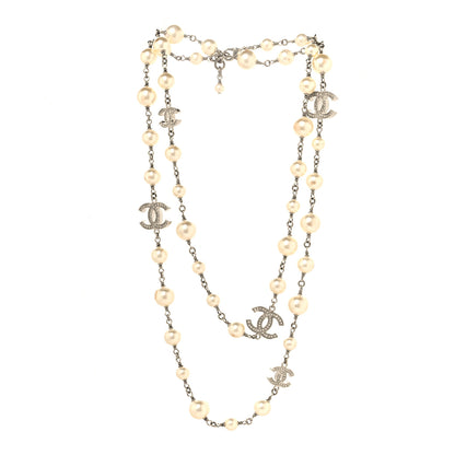 Chanel Graduated Pearl Crystal CC Long Necklace Silver 3 of 7