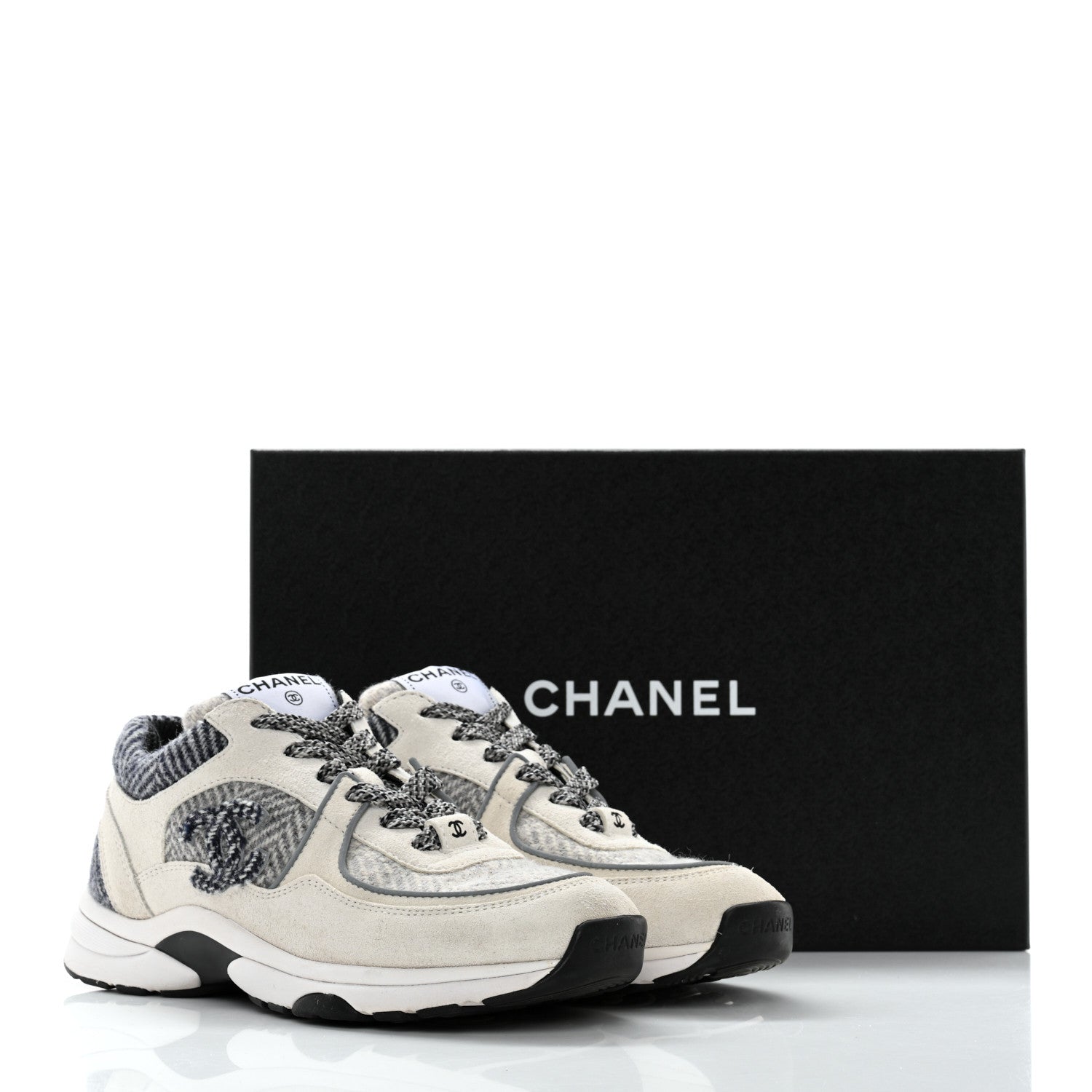 Chanel Fabric Suede Calfskin Womens CC Sneakers 36.5 Ivory Light Gray White 11 of 11