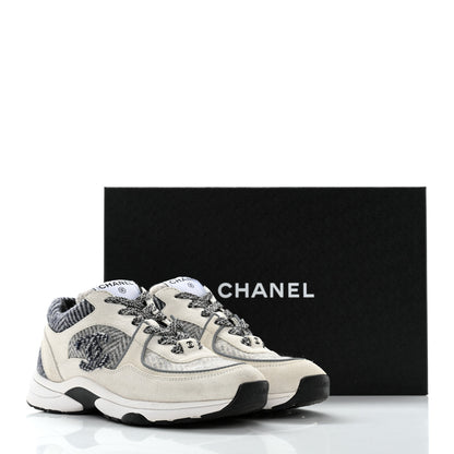 Chanel Fabric Suede Calfskin Womens CC Sneakers 36.5 Ivory Light Gray White 11 of 11