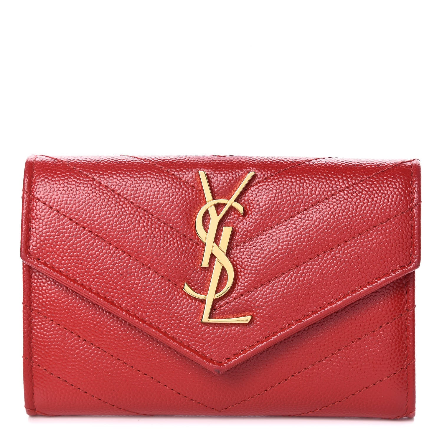 Saint Laurent Grain De Poudre Matelasse Chevron Small Monogram Envelope Wallet Rouge Eros 1 of 8