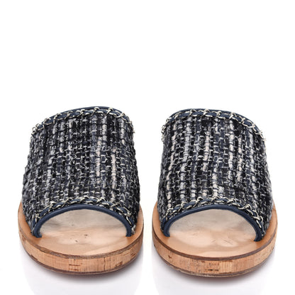 Chanel Cork Tweed Chain Mule Slides 41.5 Blue 2 of 16