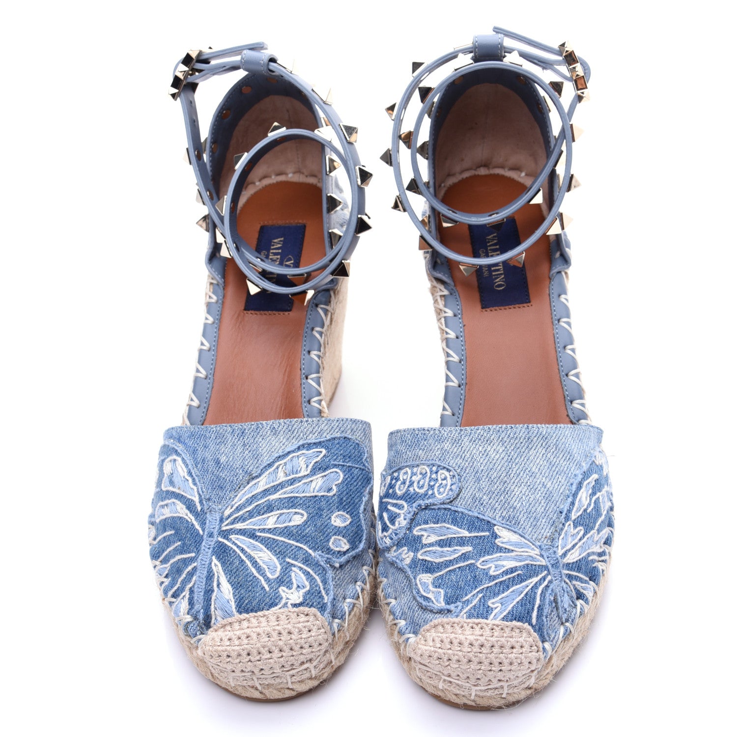 Valentino Garavani Denim Butterfly Embroidered Rockstud Ankle Wrap Espadrille 15/85mm Wedges 36 Light Denim 7 of 18