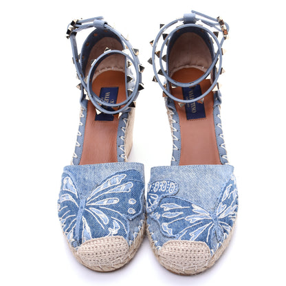 Valentino Garavani Denim Butterfly Embroidered Rockstud Ankle Wrap Espadrille 15/85mm Wedges 36 Light Denim 7 of 18