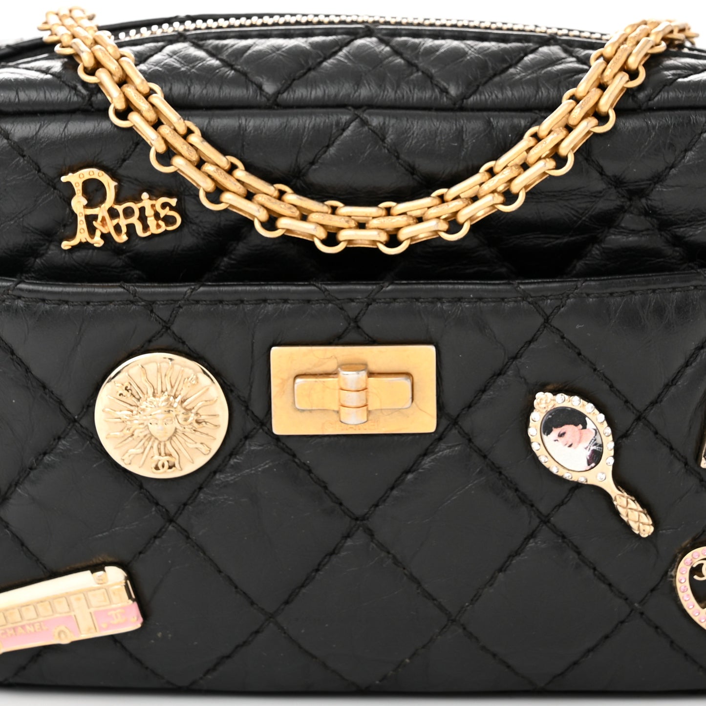 Aged Calfskin Quilted Mini Lucky Charm Reissue Camera Case Black