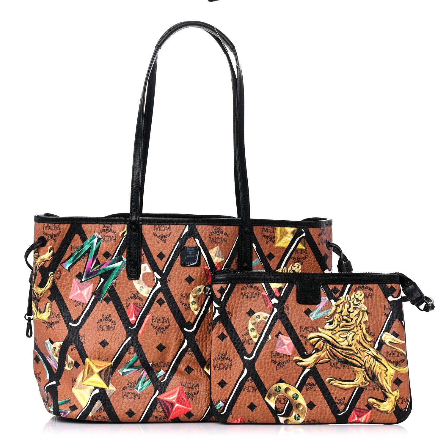 MCM Visetos Calfskin Motif Rombi Lion Printed Reversible Shopper Tote Cognac 3 of 26