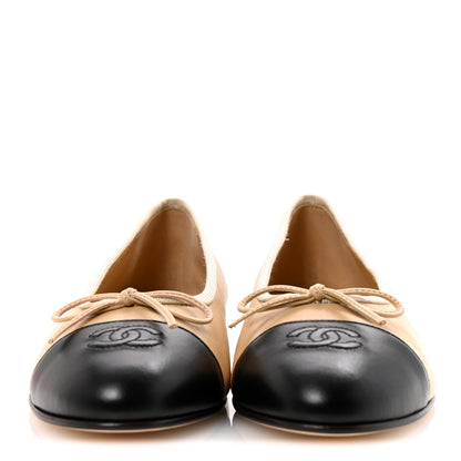 Chanel Lambskin Cap Toe CC Ballerina Flats 38 Beige Black 6 of 22