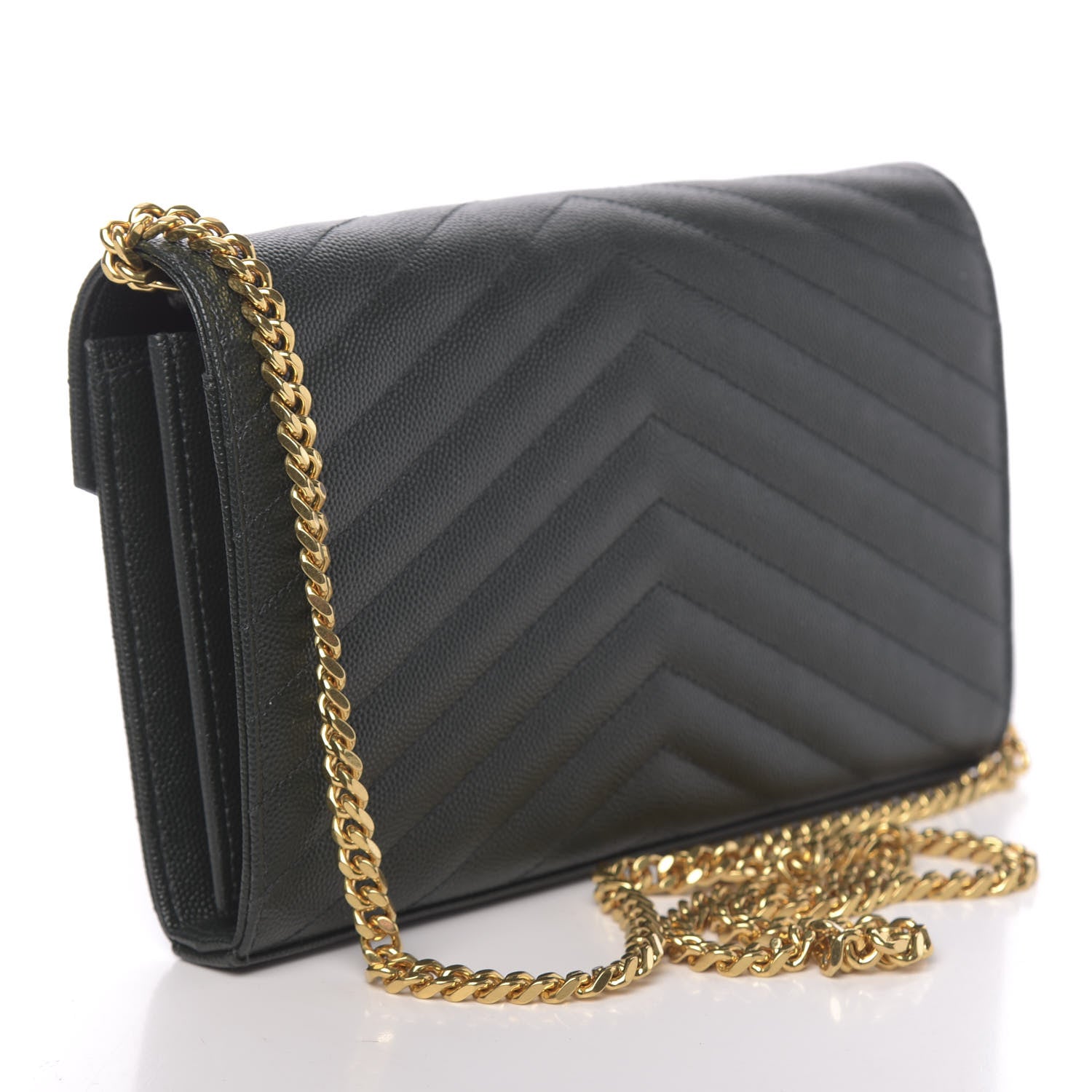 Saint Laurent Grain De Poudre Matelasse Chevron Monogram Chain Wallet Dark Green 3 of 11
