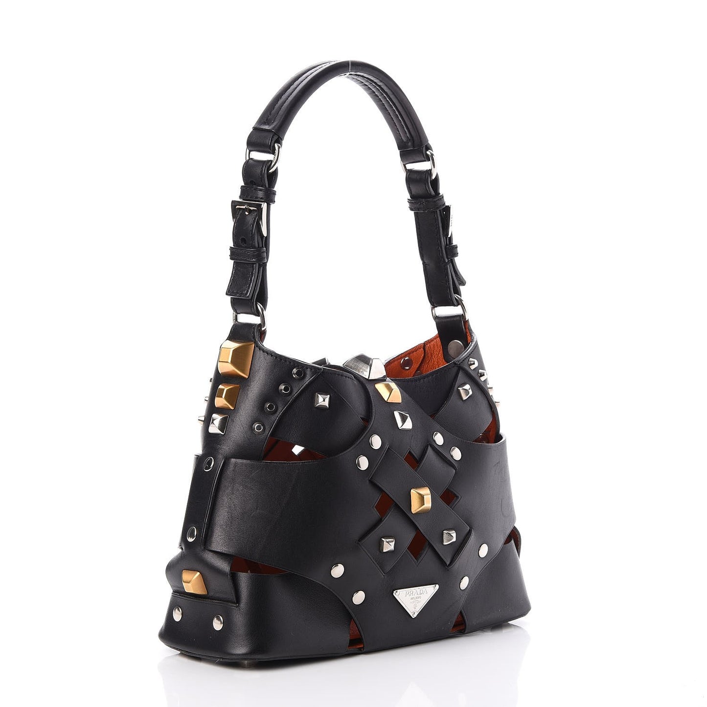 Woven Calfskin Studded Lattice Shoulder Bag Black