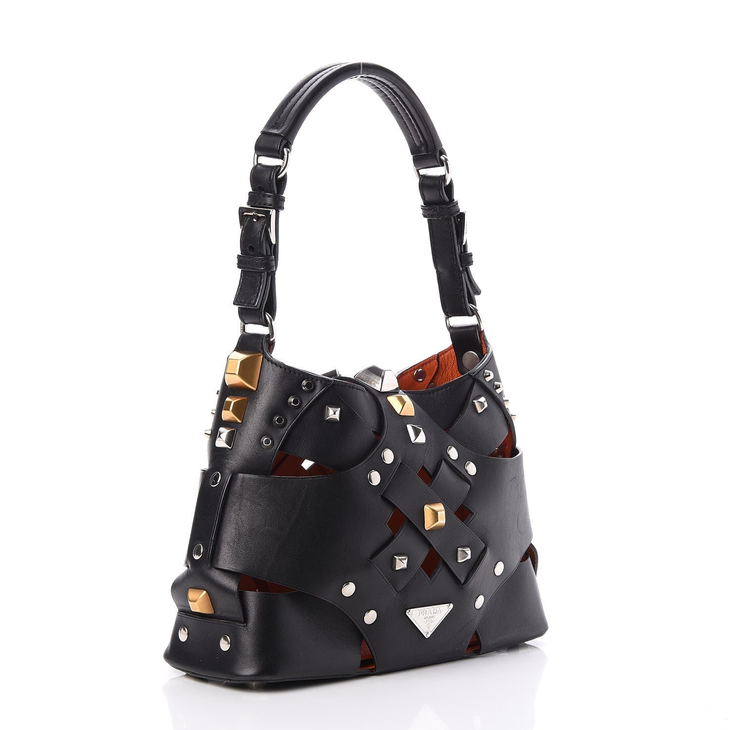 Prada Woven Calfskin Studded Lattice Shoulder Bag Black 3 of 8