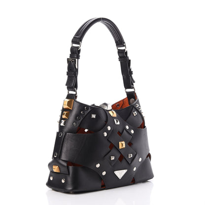 Prada Woven Calfskin Studded Lattice Shoulder Bag Black 3 of 8