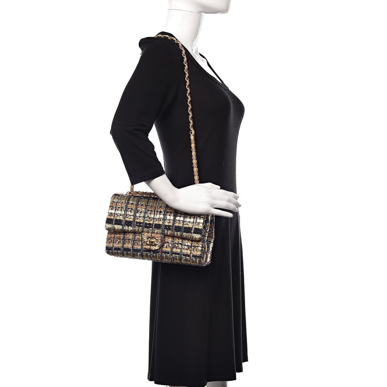 Chanel Tweed Quilted Medium Double Flap Gold Blue Light Green Black 2 of 15