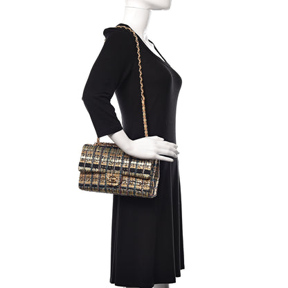 Chanel Tweed Quilted Medium Double Flap Gold Blue Light Green Black 2 of 15