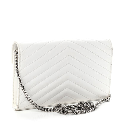 Saint Laurent Grain De Poudre Matelasse Chevron Monogram Chain Wallet White 3 of 9