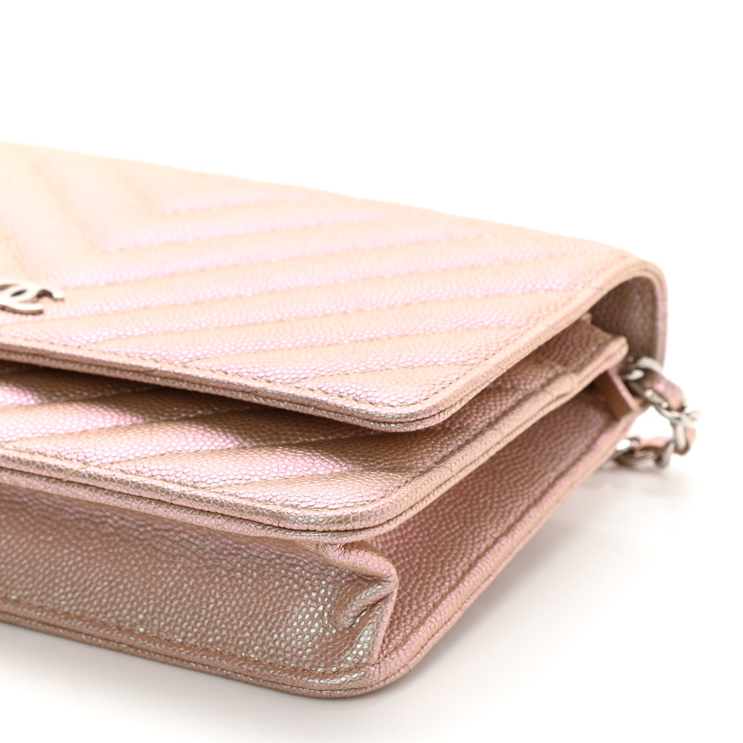 Metallic Caviar Chevron Quilted Wallet On Chain WOC Light Gold