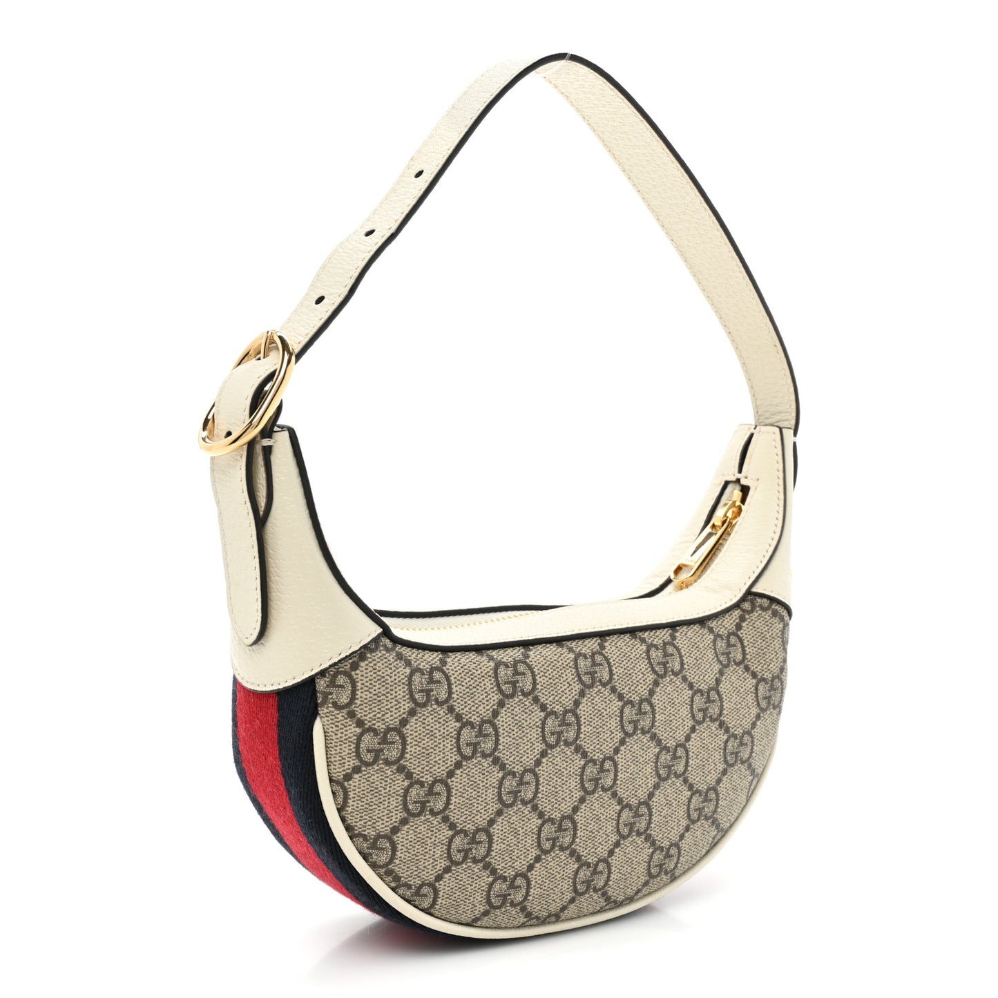 GG Supreme Monogram Textured Dollar Calfskin Web Mini Ophidia Half Moon Hobo Beige Ebony Mystic White
