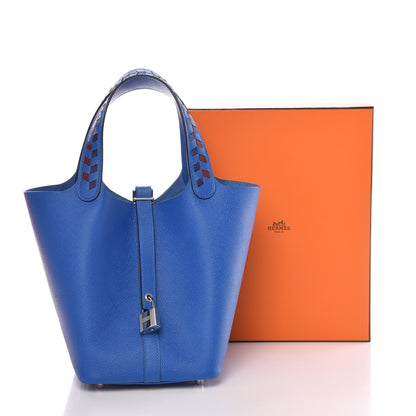 Hermes Epsom Tressage De Cuir Picotin Lock 18 PM Bleu Zellige Bleu Encre Rouge 9 of 9