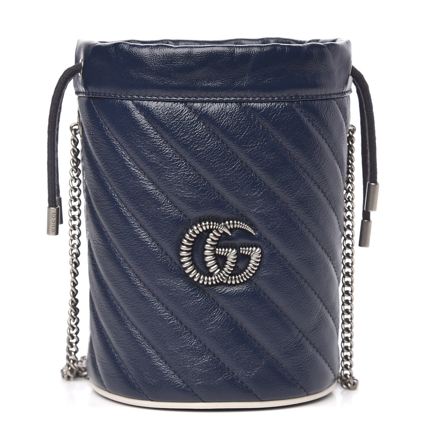 Vintage Effect Calfskin Matelasse Diagonal Mini Torchon GG Marmont 2.0 Bucket Bag Blue Agata Mystic White