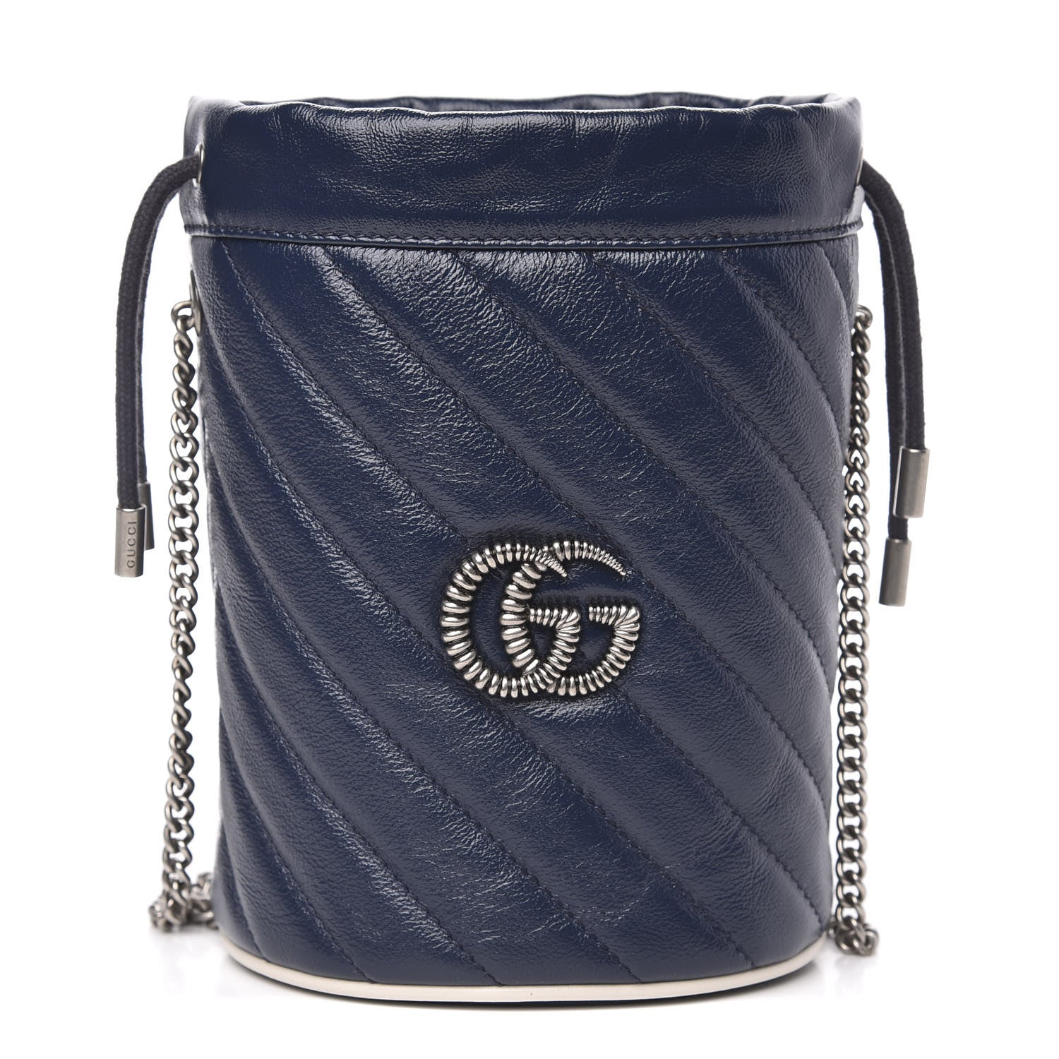 Gucci Vintage Effect Calfskin Matelasse Diagonal Mini Torchon GG Marmont 2.0 Bucket Bag Blue Agata Mystic White 1 of 10