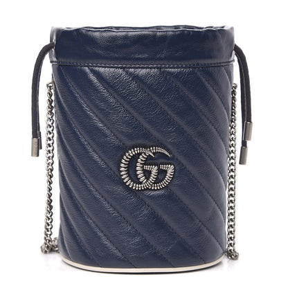 Gucci Vintage Effect Calfskin Matelasse Diagonal Mini Torchon GG Marmont 2.0 Bucket Bag Blue Agata Mystic White 1 of 10