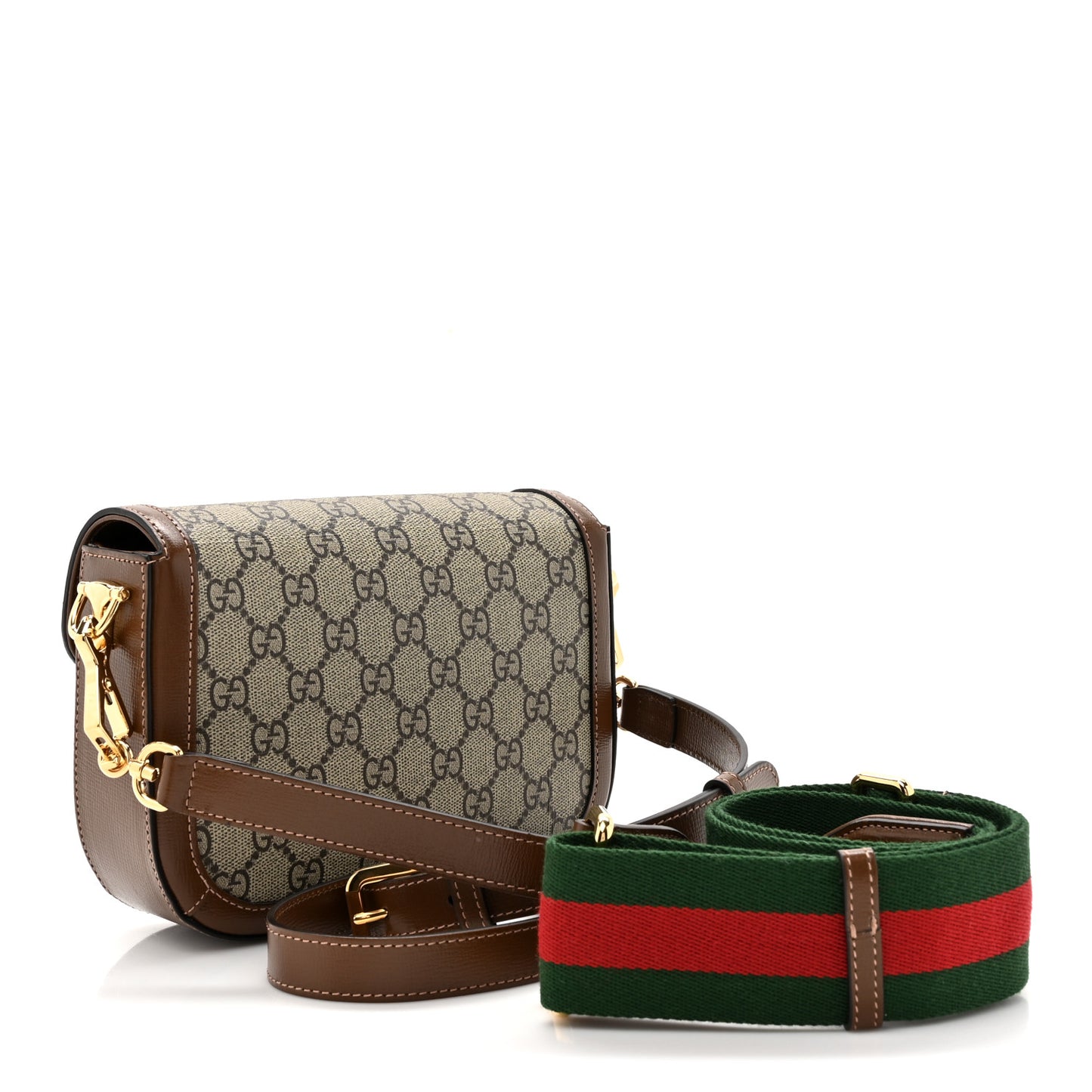 GG Supreme Monogram Web Mini Horsebit 1955 Shoulder Bag Beige Brown Sugar