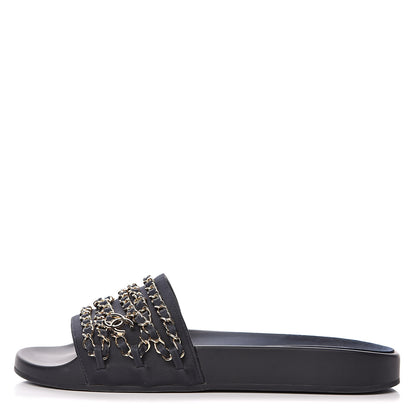 Chanel Satin Canvas Chain Flat Sandals 39 Marine 1 of 10