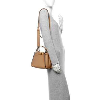 Fendi Vitello Seta Canvas FF Embroidered Mini Peekaboo Iconic Satchel Miele Scuro Poudre 2 of 11
