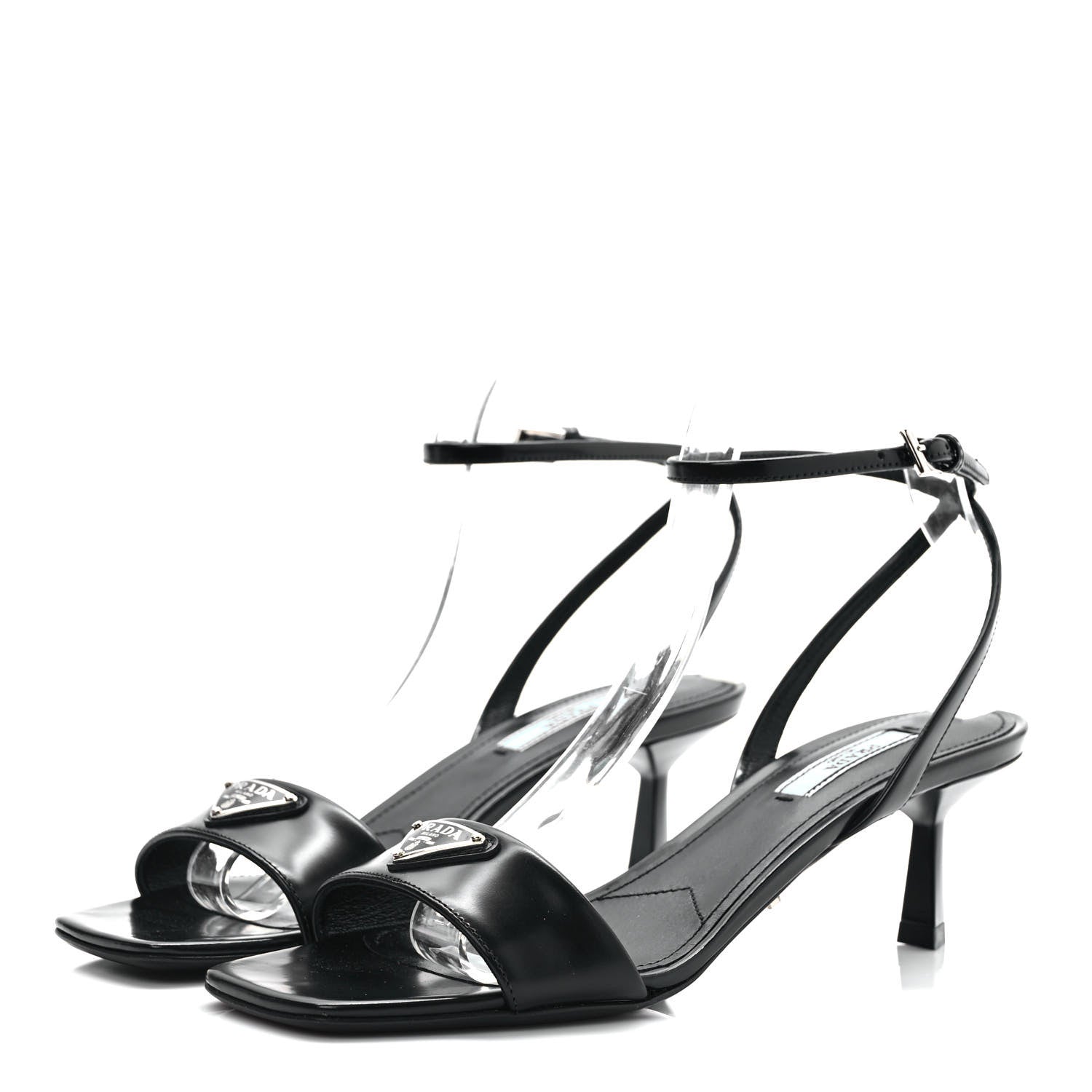Prada Spazzolato Metal Triangle Logo Ankle Strap 55mm Sandals 37 Black 3 of 8