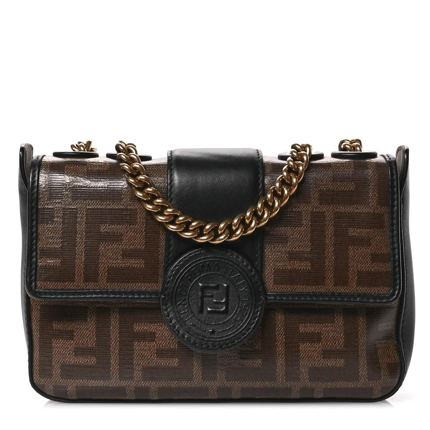 Glazed Fabric Vitello Century FF 1974 Stamp Patch Mini Double F Crossbody Bag Mogano Panna Black
