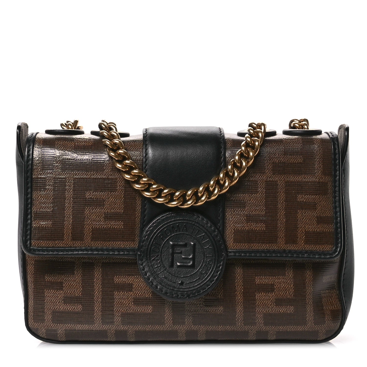Fendi Glazed Fabric Vitello Century FF 1974 Stamp Patch Mini Double F Crossbody Bag Mogano Panna Black 1 of 10