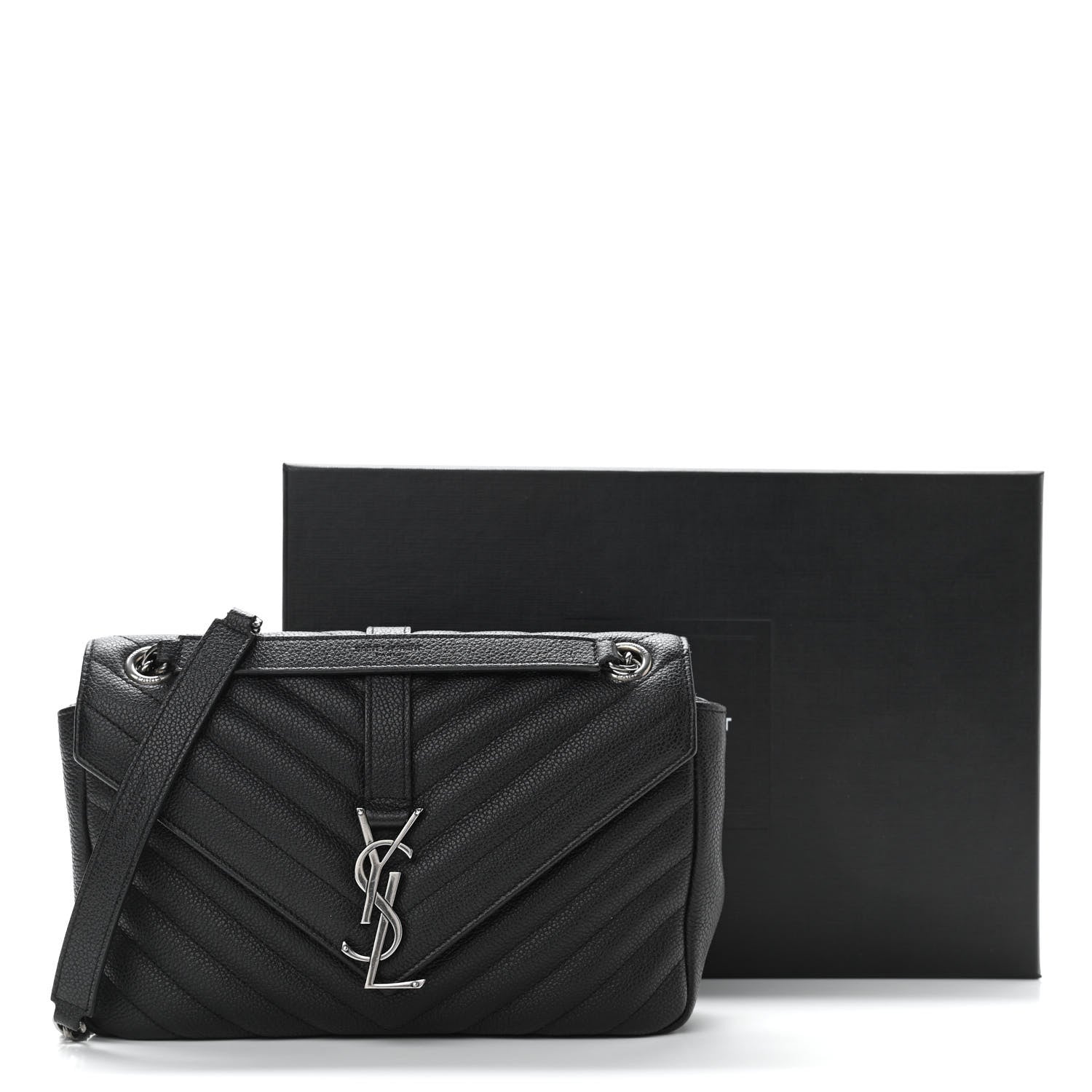 Saint Laurent Grained Calfskin Matelasse Chevron Medium Monogram Chain Bag Black 10 of 10