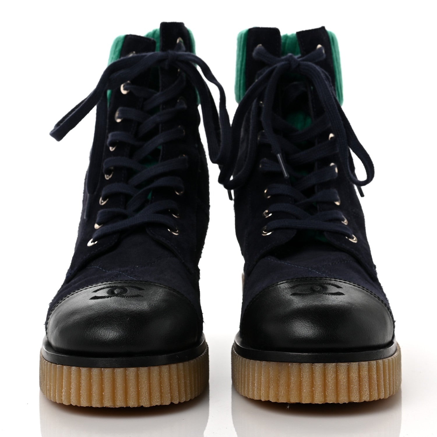 Chanel Suede Calfskin Velvet Quilted CC Combat Boots 40 Navy Green Black 2 of 8
