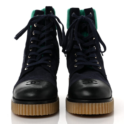Chanel Suede Calfskin Velvet Quilted CC Combat Boots 40 Navy Green Black 2 of 8