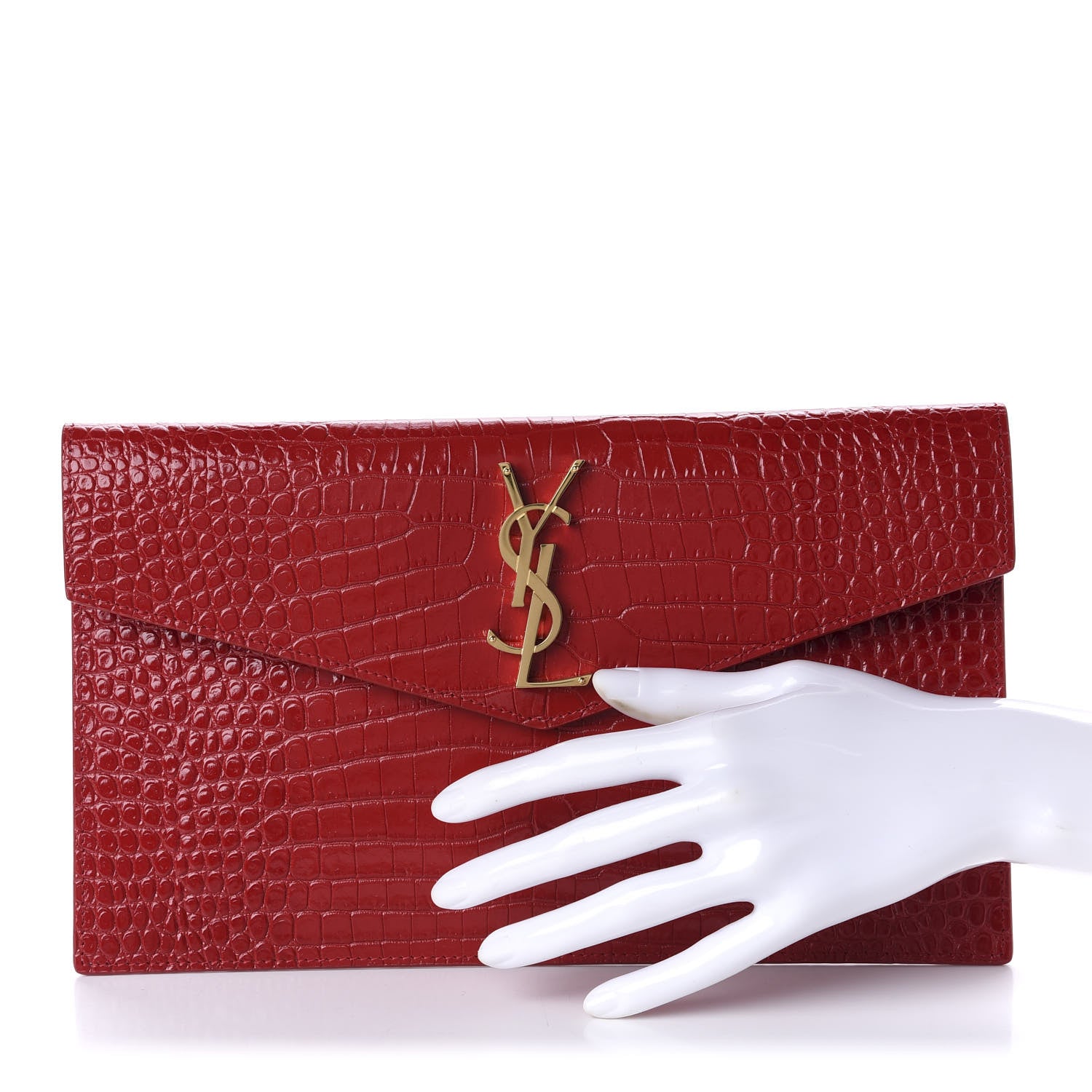 Saint Laurent Calfskin Crocodile Embossed Uptown Monogram Clutch Rouge Eros 2 of 9