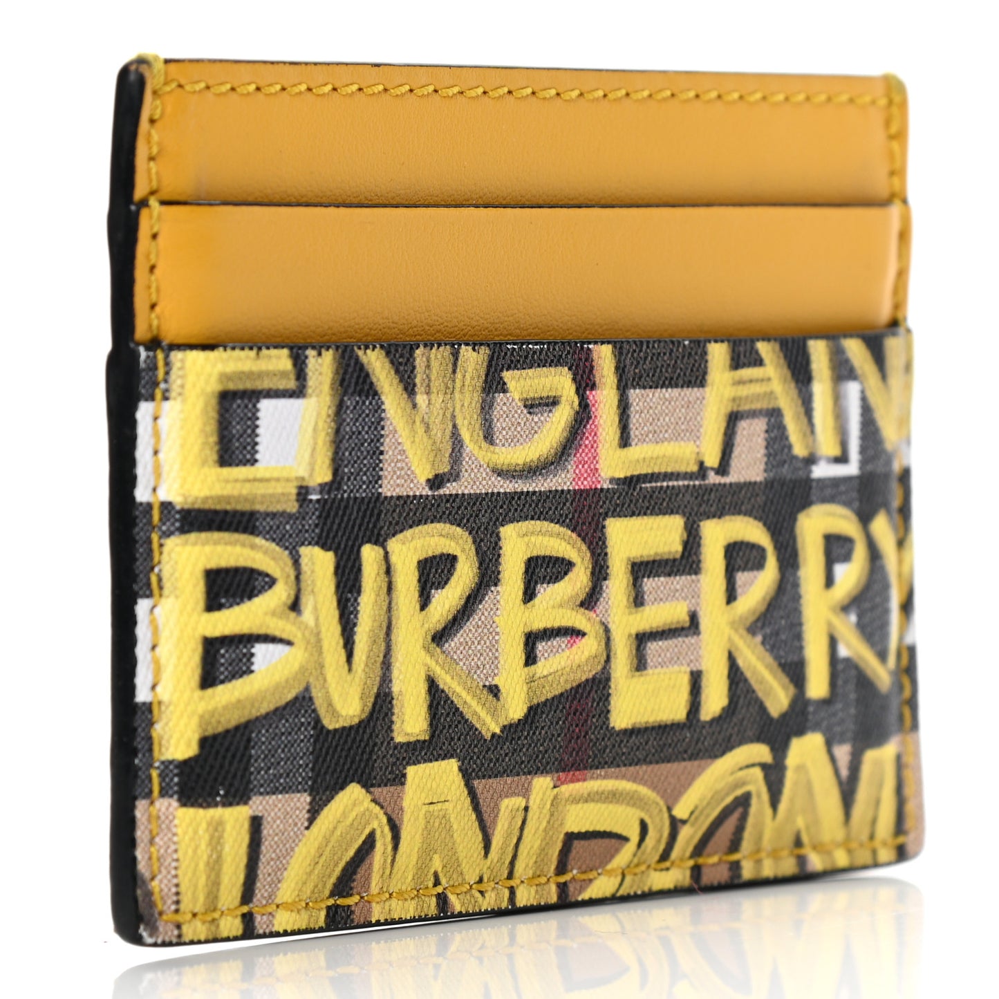 Calfskin Vintage Check Graffiti Print Card Holder Yellow