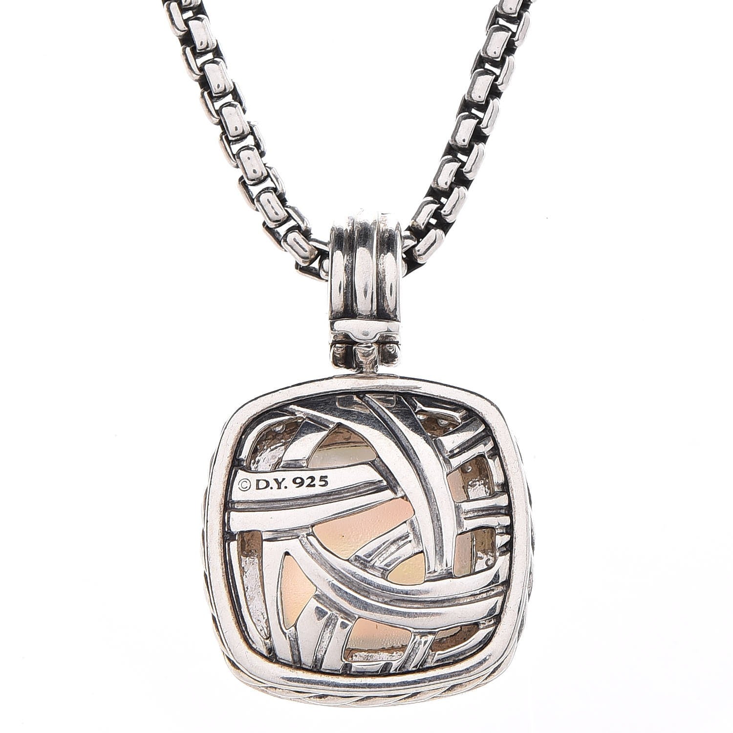 David Yurman Sterling Silver 18K Yellow Gold Diamond Moonstone 14mm Albion Enhancer Pendant Necklace 5 of 6