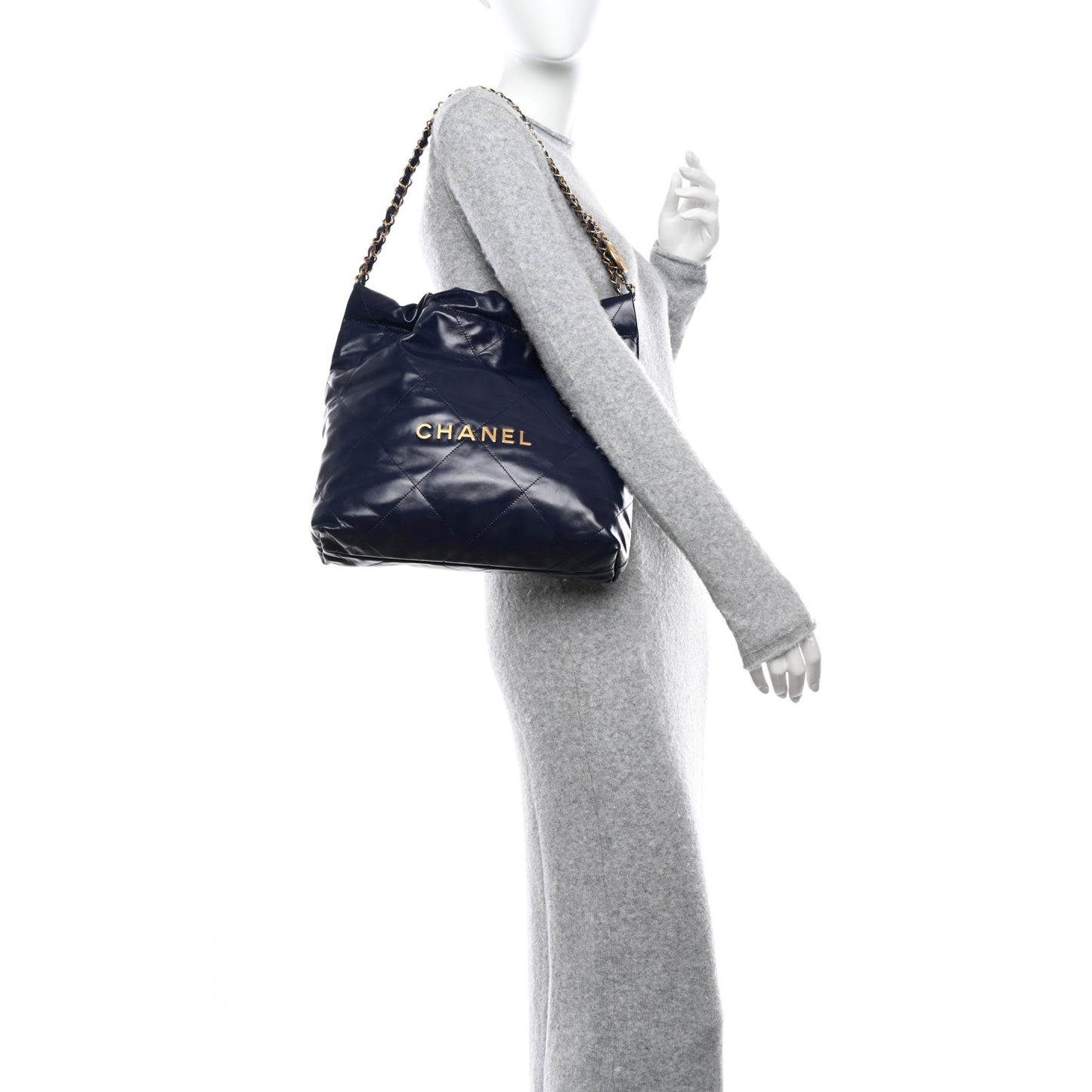 Shiny Calfskin Quilted Small Chanel 22 Navy