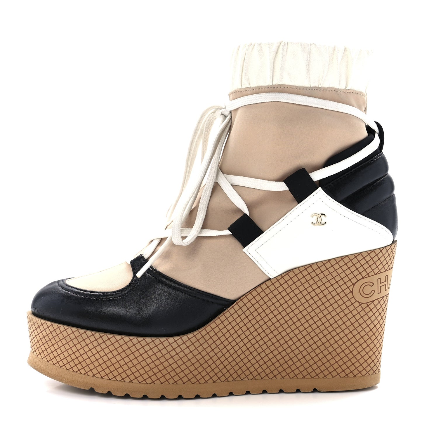 Patent Calfskin Runway Wedge Short Platform Boots 40.5 Black White Beige