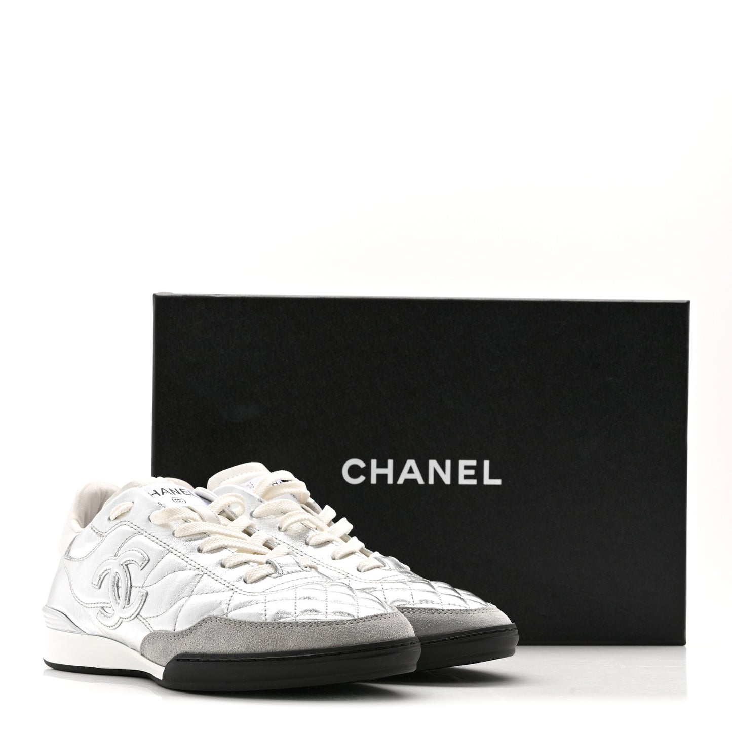 Laminated Calfskin Suede Quilted Womens CC Sneakers 38 Silver White Gray