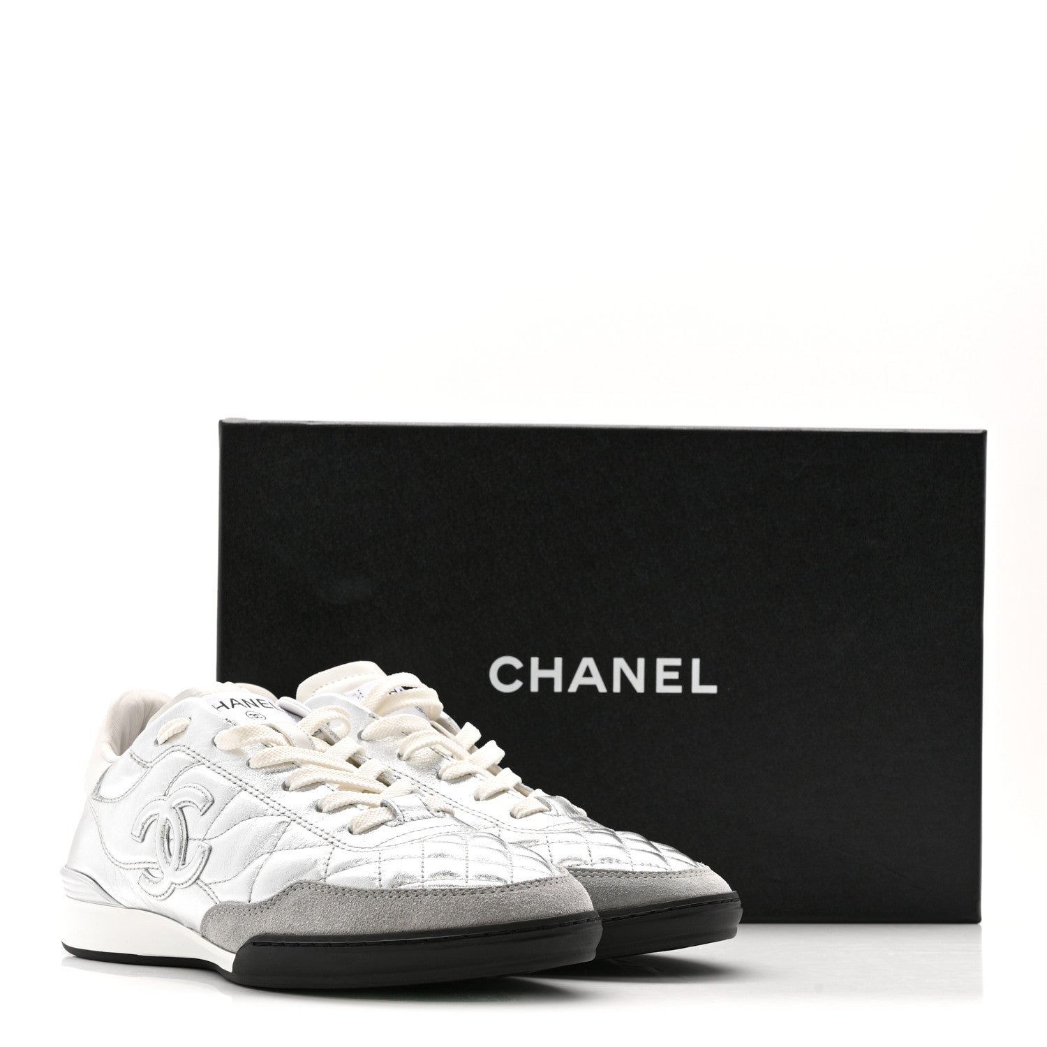 Chanel Laminated Calfskin Suede Quilted Womens CC Sneakers 38 Silver White Gray 10 of 10