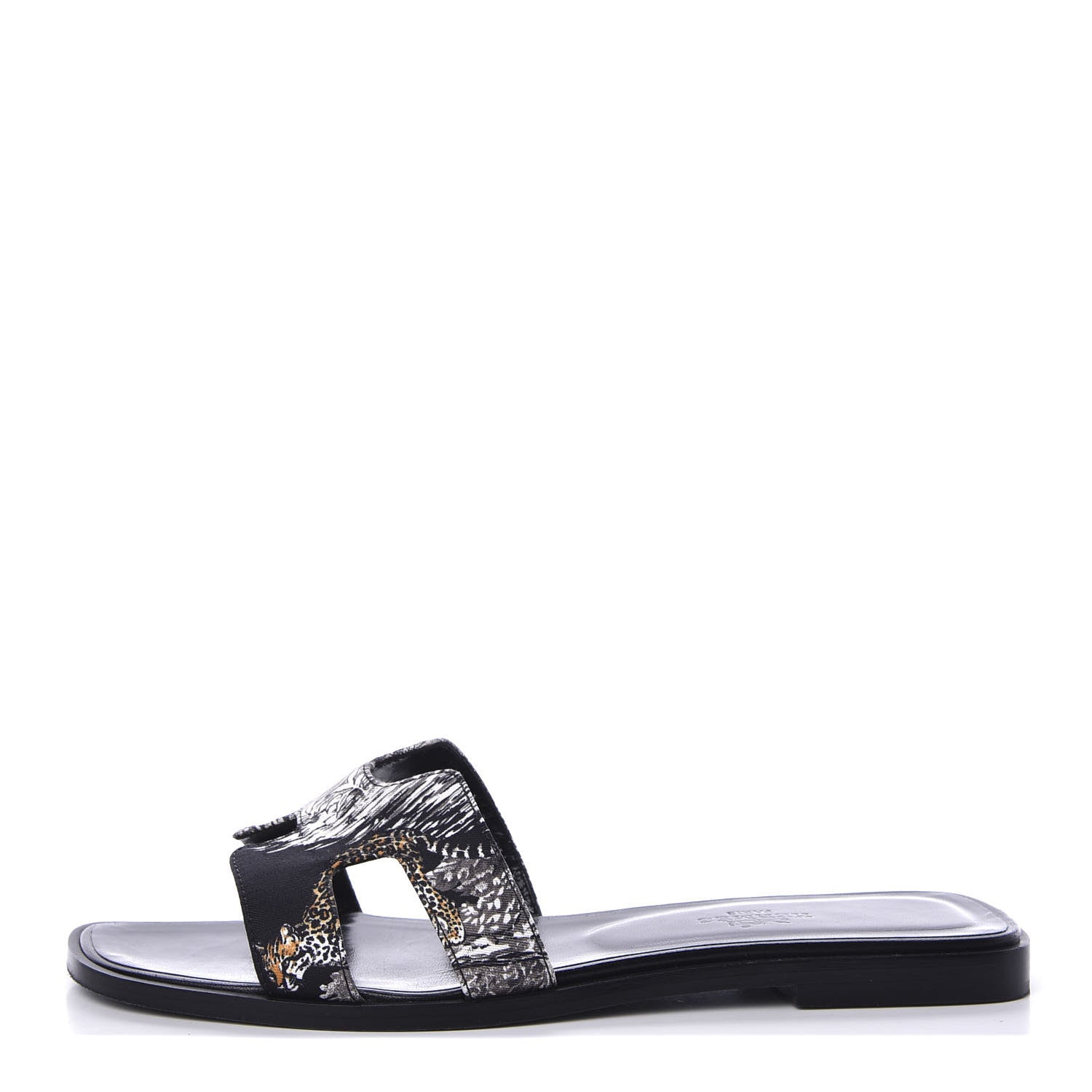 Hermes Silk Printed Equateur Tattoo Oran Sandals 37.5 Black 1 of 9