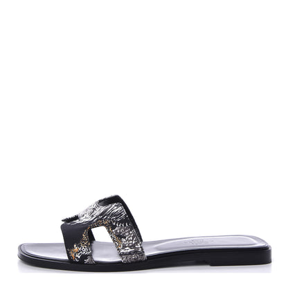 Hermes Silk Printed Equateur Tattoo Oran Sandals 37.5 Black 1 of 9