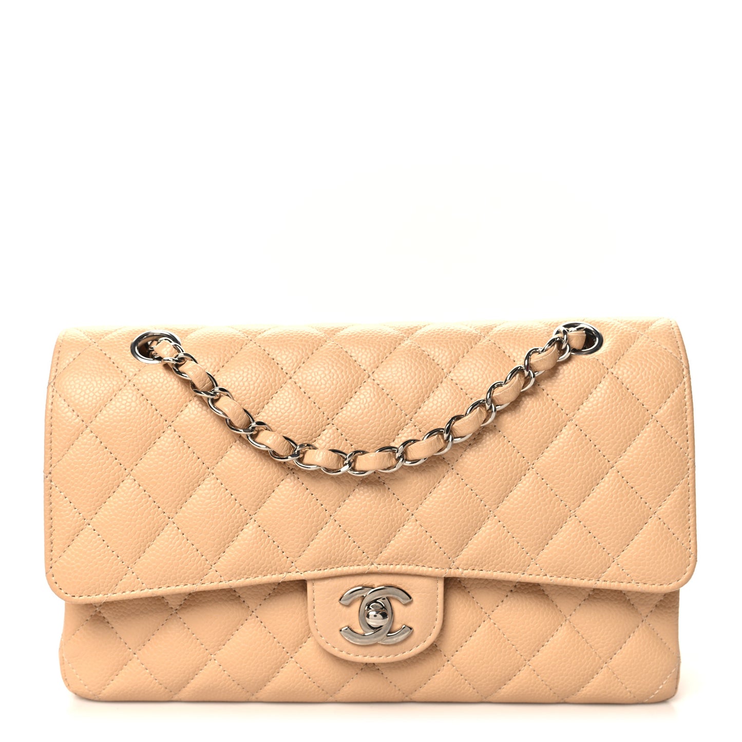 Caviar Quilted Medium Double Flap Beige