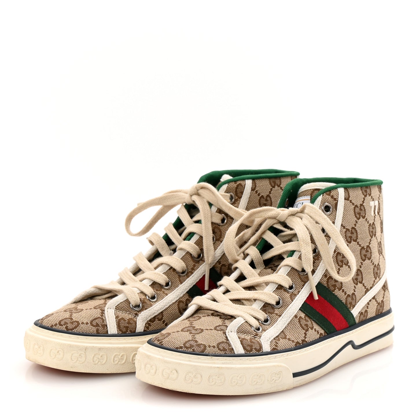 GG Monogram Web Womens 1977 Tennis High Top Sneakers 37.5 Beige Ebony Mystic White