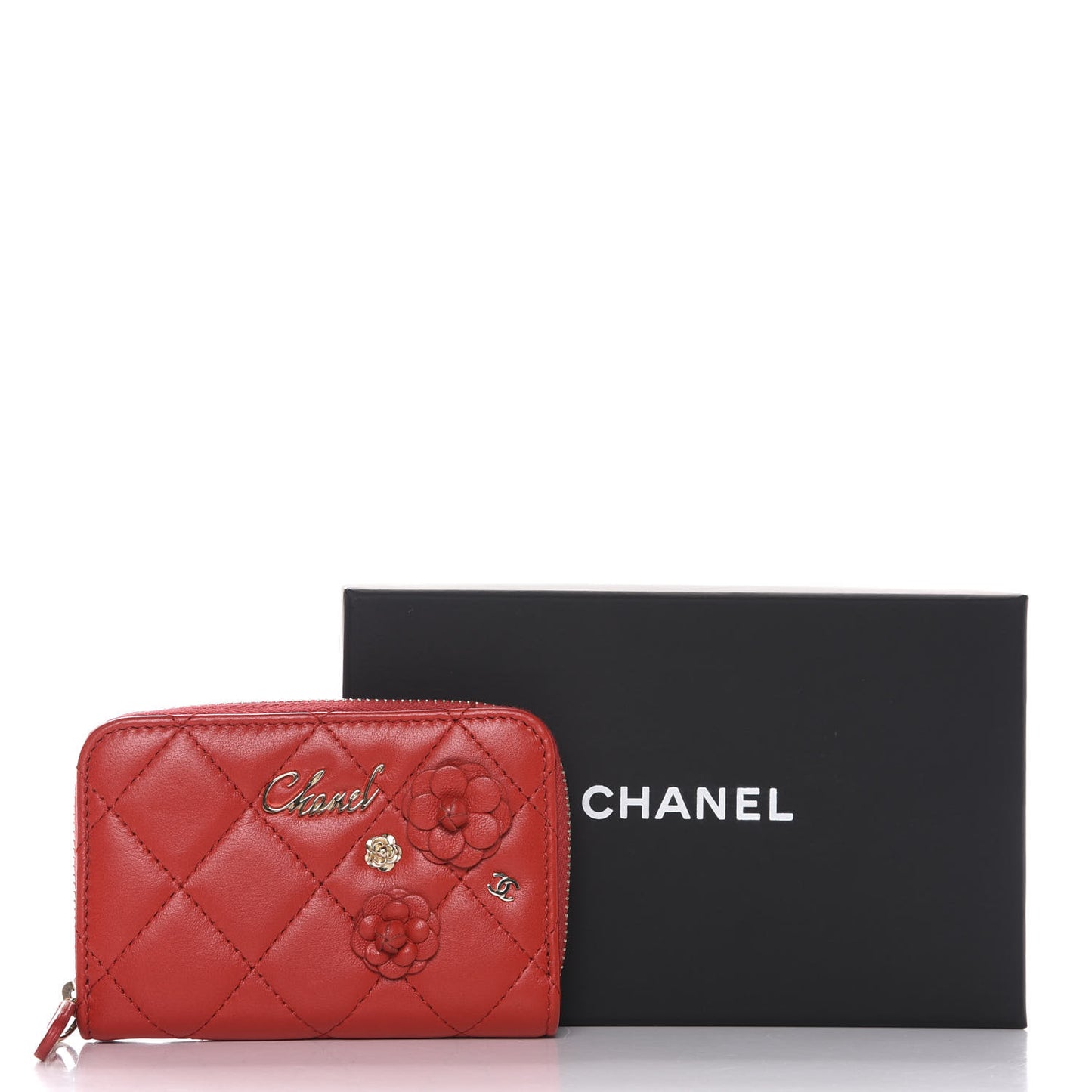 Lambskin Quilted Camellia Zip Coin Purse Red