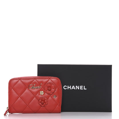 Chanel Lambskin Quilted Camellia Zip Coin Purse Red 8 of 8