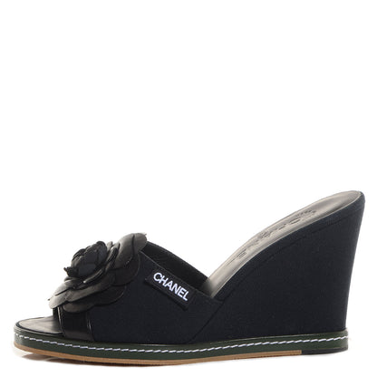 Chanel Canvas Camellia Wedge Sandals 38 Black 1 of 6