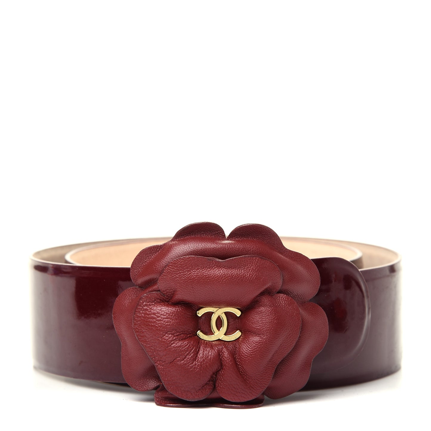 Patent Calfskin Camellia CC Belt 85 Red Gold