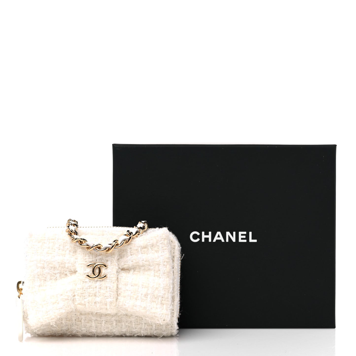 Tweed Quilted Bow Flap Card Holder On Chain White