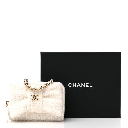 Chanel Tweed Quilted Bow Flap Card Holder On Chain White 11 of 11